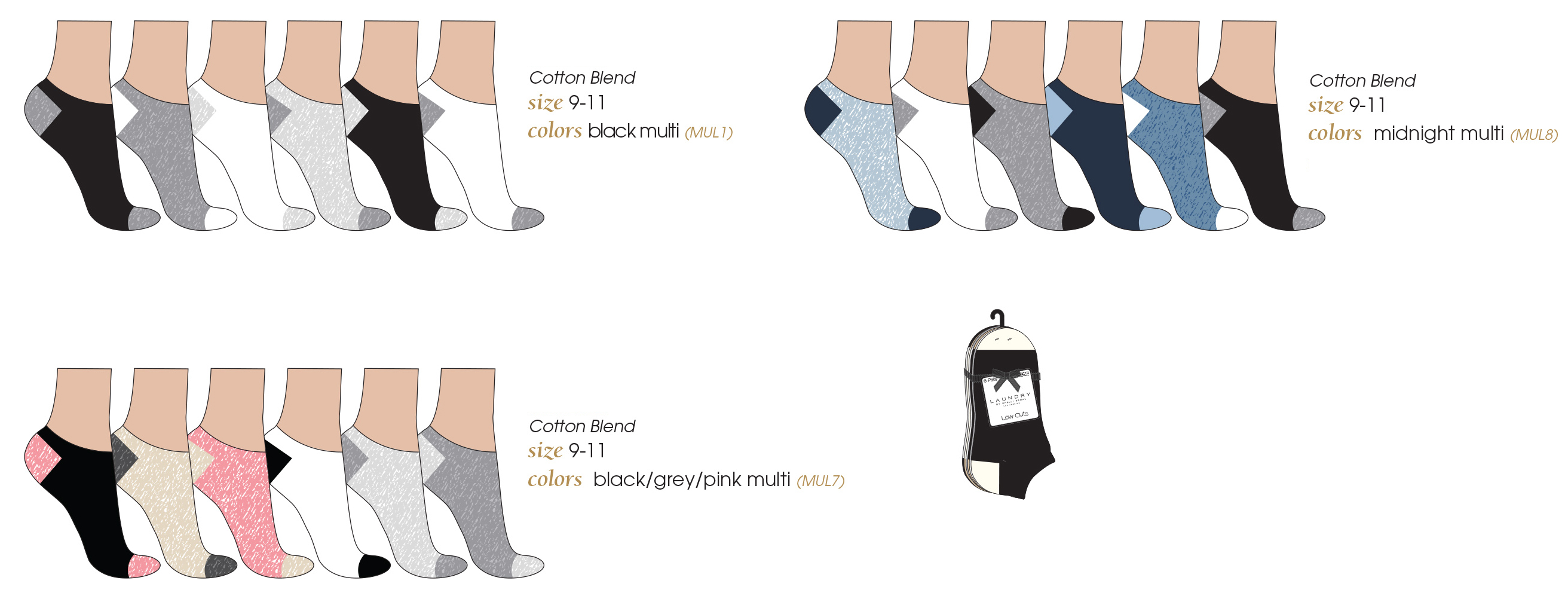LAUNDRY by Shelli Segal Women's Low Cut Socks w/ Colored Heel & Toe - Size 9-11 - 6-Pair Packs