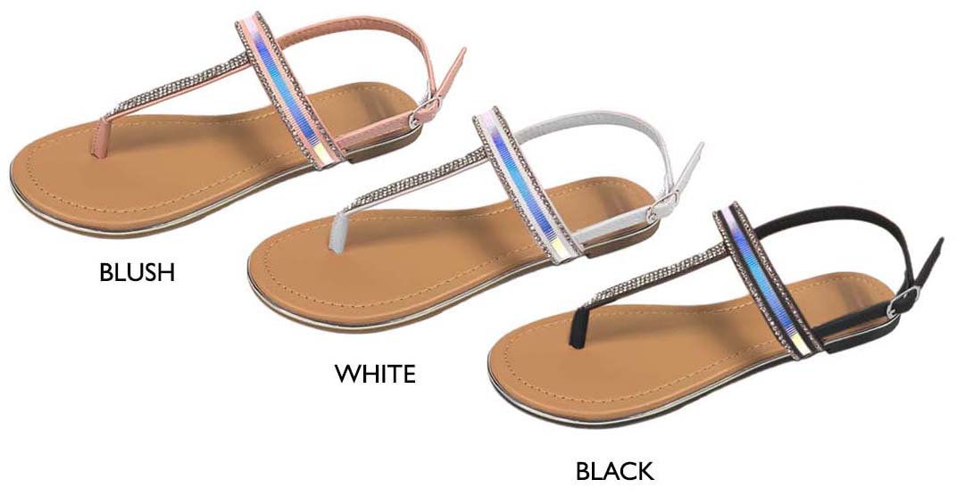 Women's SHIMMER T-Strap Sandals w/ Rhinestones & Holographic Strap