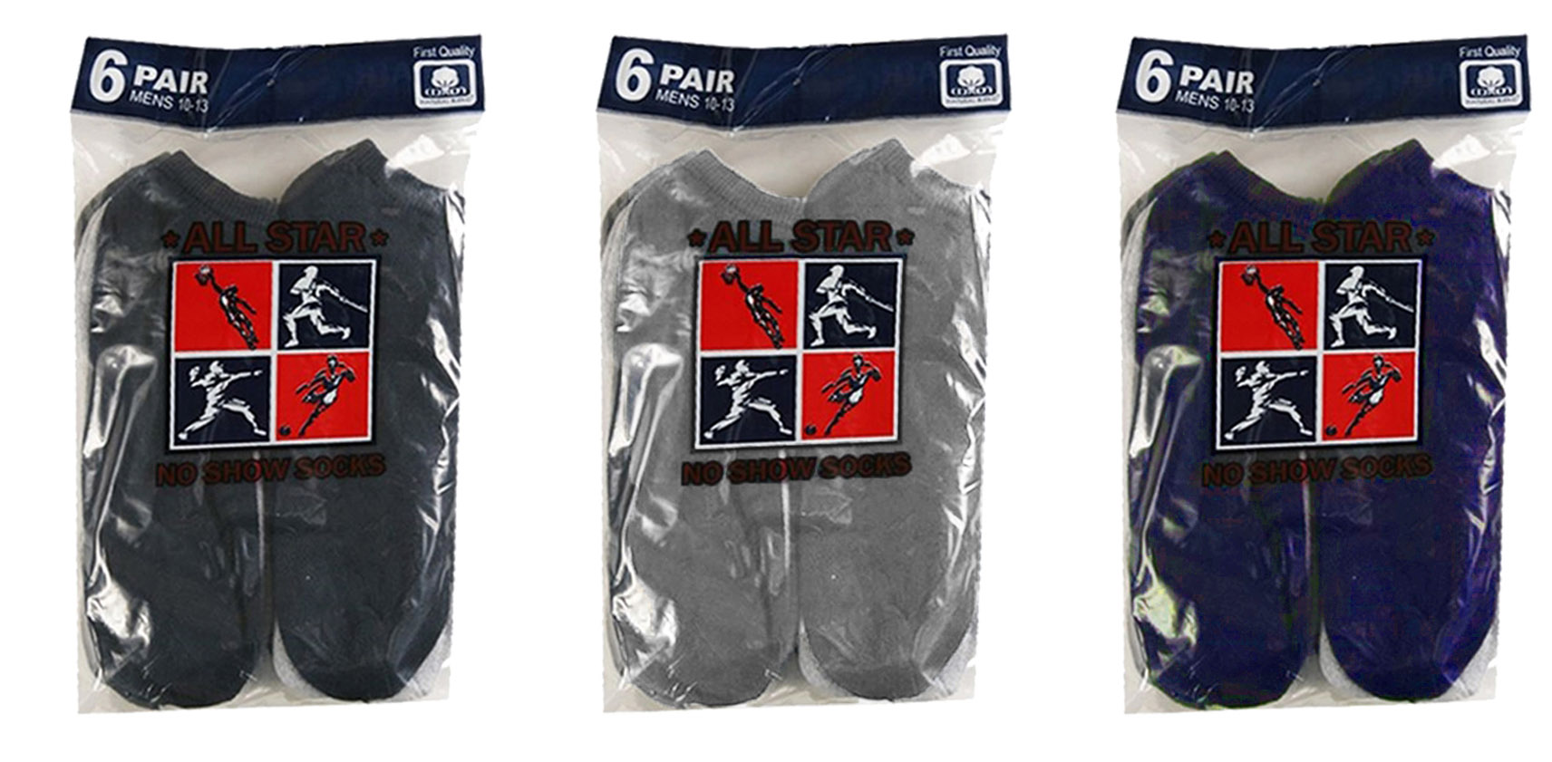 ''Men's AtHletic No SHow Socks - Size 10-13 - 6-Pair Packs - Black, Navy, & Grey''