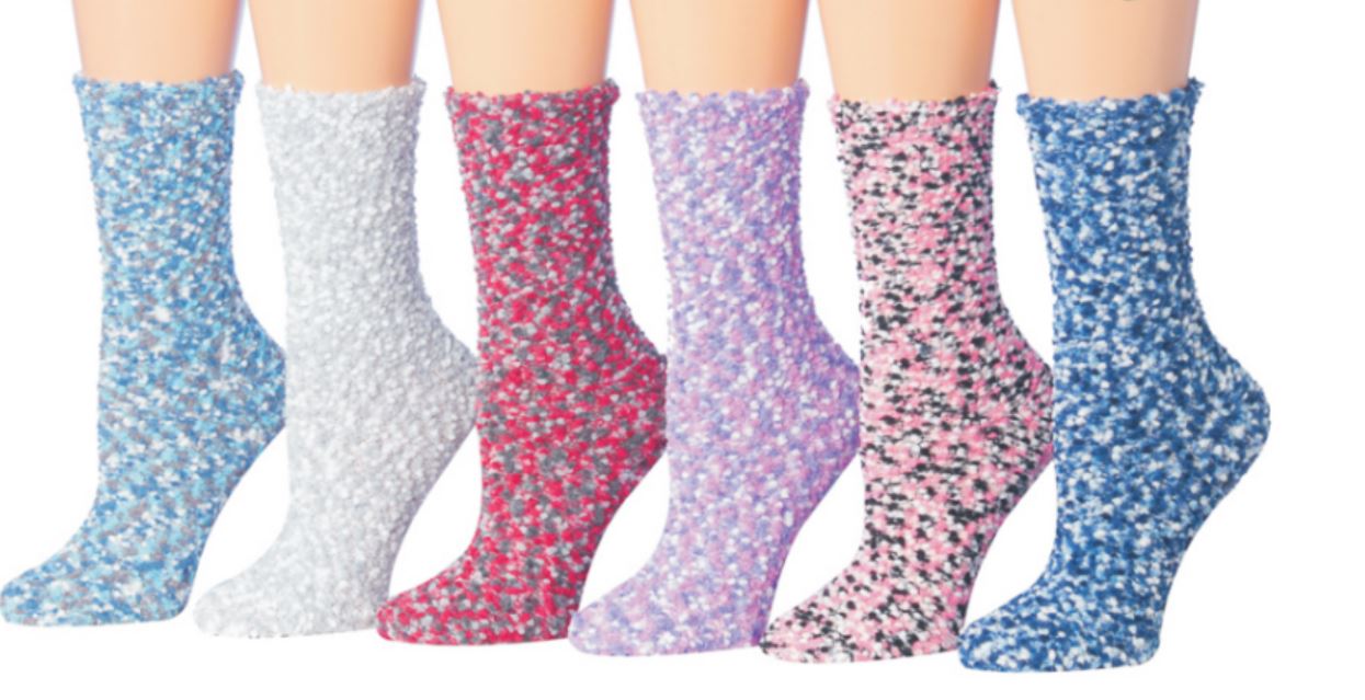 Women's Marled POPCORN Fuzzy Crew Socks w/ Non-Skid Grips - Pastel Colors - Size 9-11