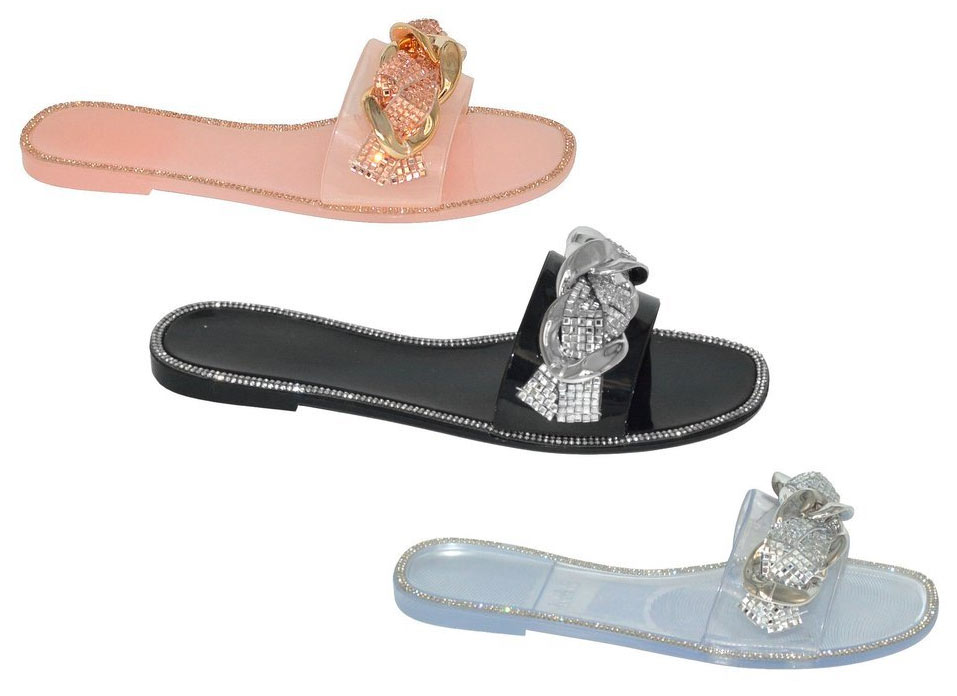 Women's Fashion Slide Sandals w/ Embroidered Gold Chain Link & Rhinestones - Choose Your Size(s) & C