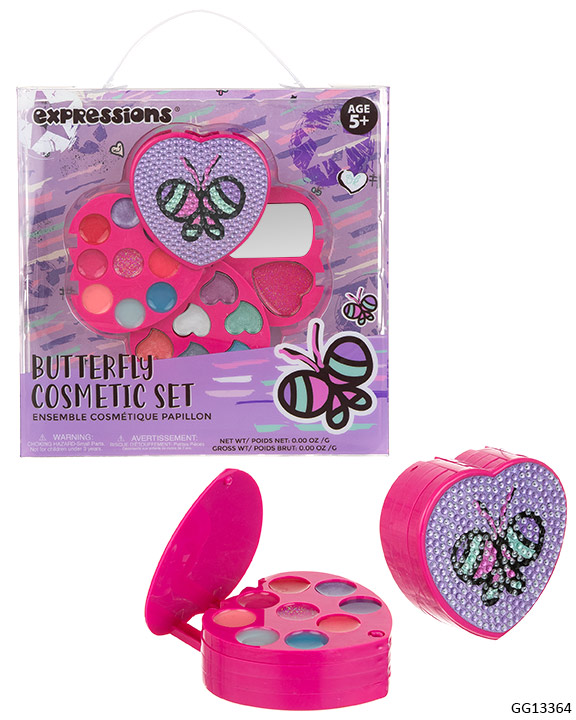 Heart-Shaped COSMETIC Beauty Set w/ Embroidered Rhinestones & Butterfly Print