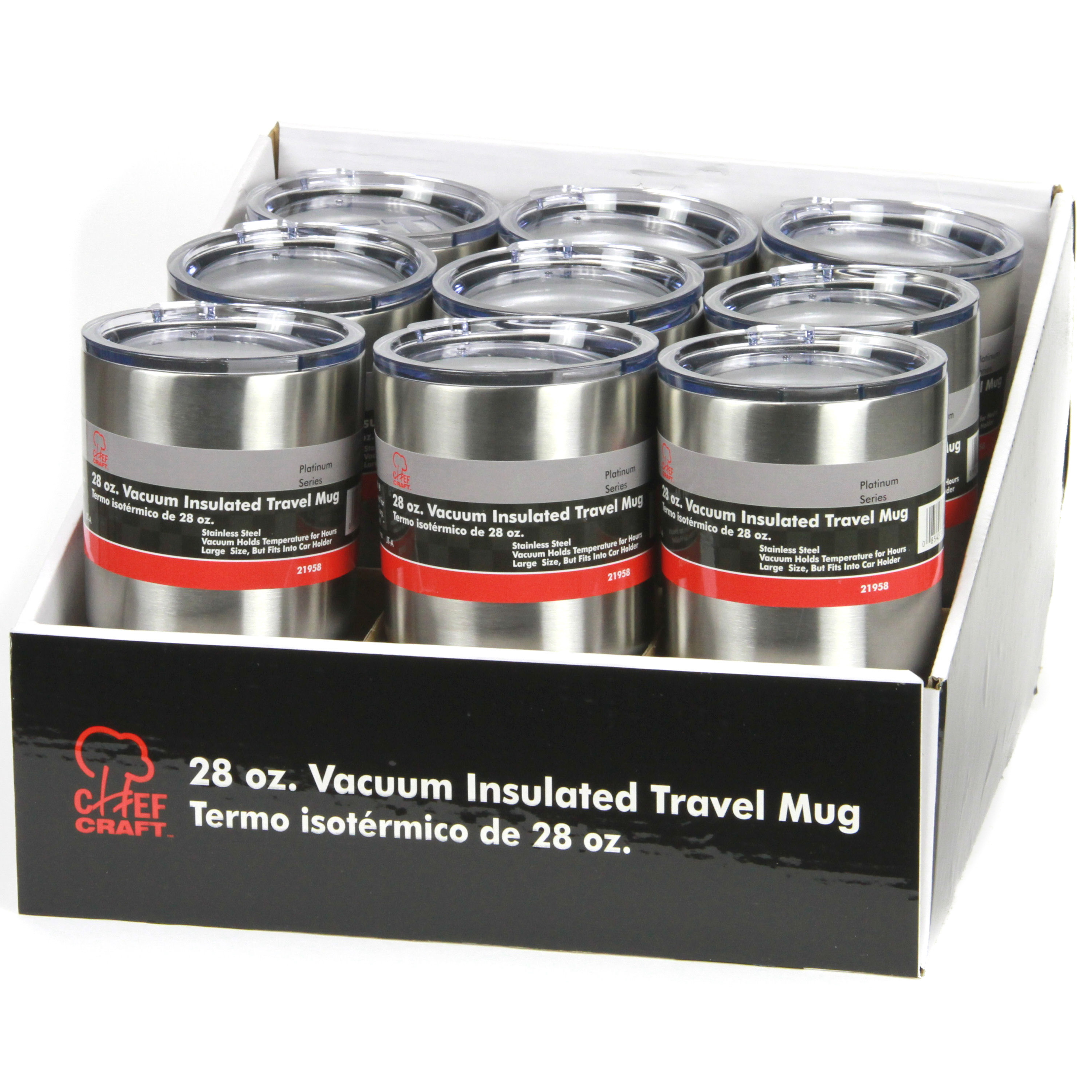 28 oz. Stainless Steel Vacuum Insulated Travel Mugs in Shelf Display