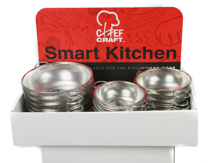 Assorted Stainless Steel ColANders in Floor Display