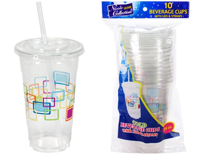 24 oz. Clear Plastic Cups w/ Lids & Straws - Deco - Nicole Home COLLECTION