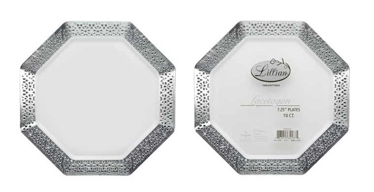 ''Lacetagon - 7.25'''' Pearl Plate - Silver RIM - 10-Packs - Lillian''