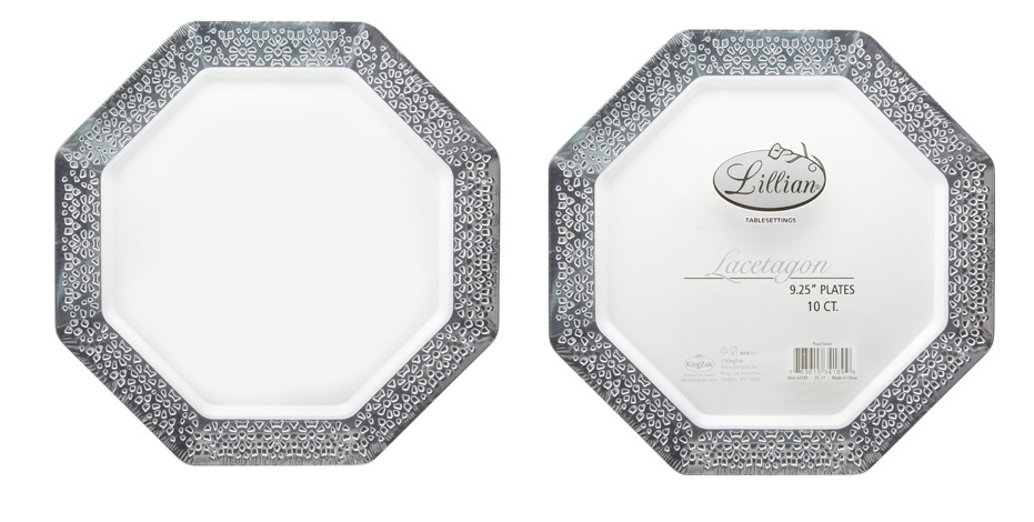 ''Lacetagon - 9.25'''' Pearl Plate - Silver RIM - 10-Packs - Lillian''