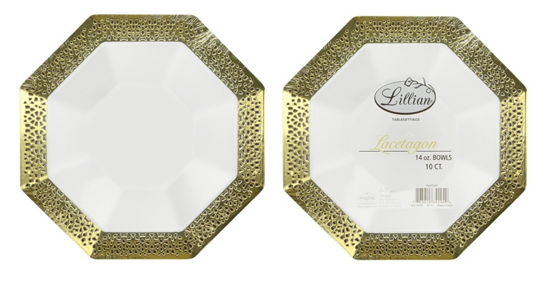 Lacetagon - 14 oz. Pearl Bowl - Gold RIM - 10-Packs - Lillian