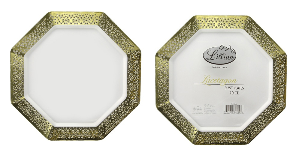 ''Lacetagon - 9.25'''' Pearl Plate - Gold RIM - 10-Packs - Lillian''