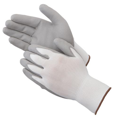 13 Gauge (Ultra Thin) Nylon String Knit GLOVES w/ Polyurethane Coating - White/Grey - Size: Medium