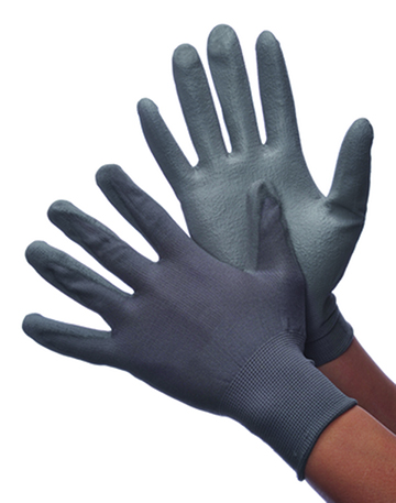 13 Gauge (Ultra Thin) Nylon String Knit GLOVES w/ Polyurethane Coating - Grey/Grey - Size: Large