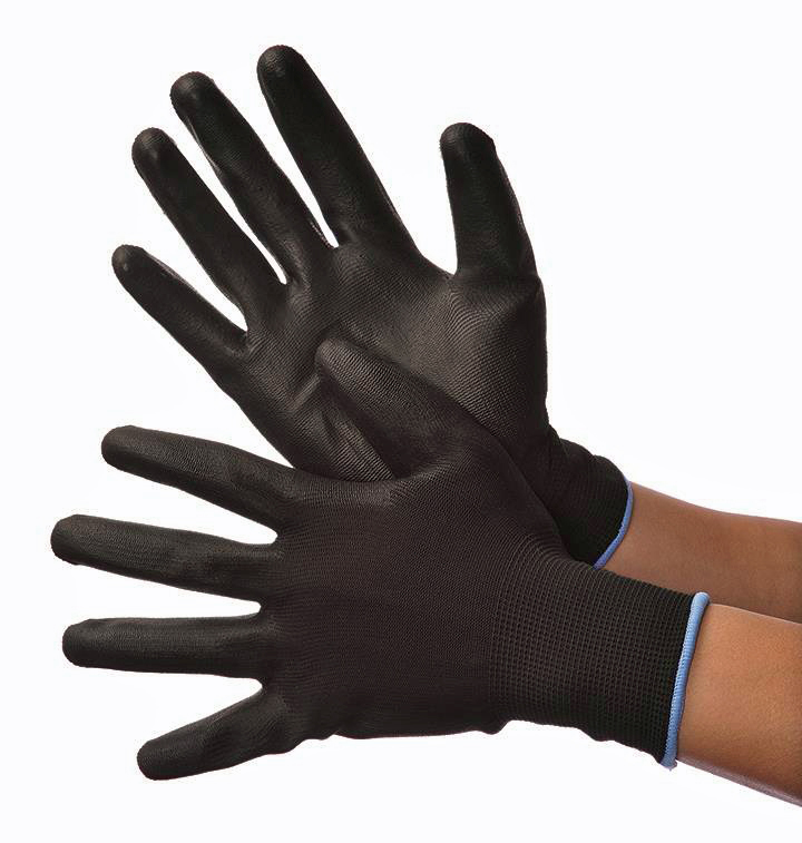 13 Gauge (Ultra Thin) Polyester String Knit Gloves w/ Polyurethane Coating - BLACK/BLACK - Size: Lar