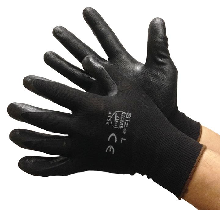 13 Gauge (Ultra Thin) Polyester String Knit Gloves w/ Nitrile Foam Coating - BLACK/BLACK - Size: Lar