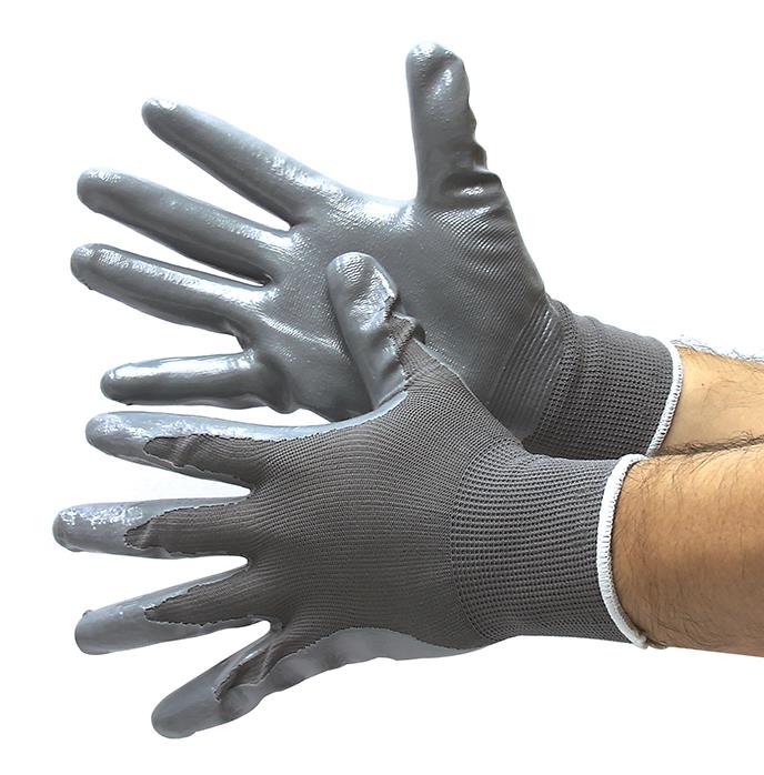 13 Gauge (Ultra Thin) Nylon String Knit GLOVES w/ Nitrile Coating - Grey/Grey - Size: Large