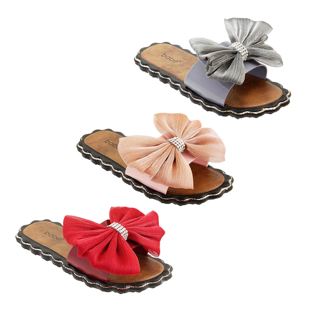 Women's Fashion FLIP Flops w/ Embroidered Ribbon Bow & Rhinestones