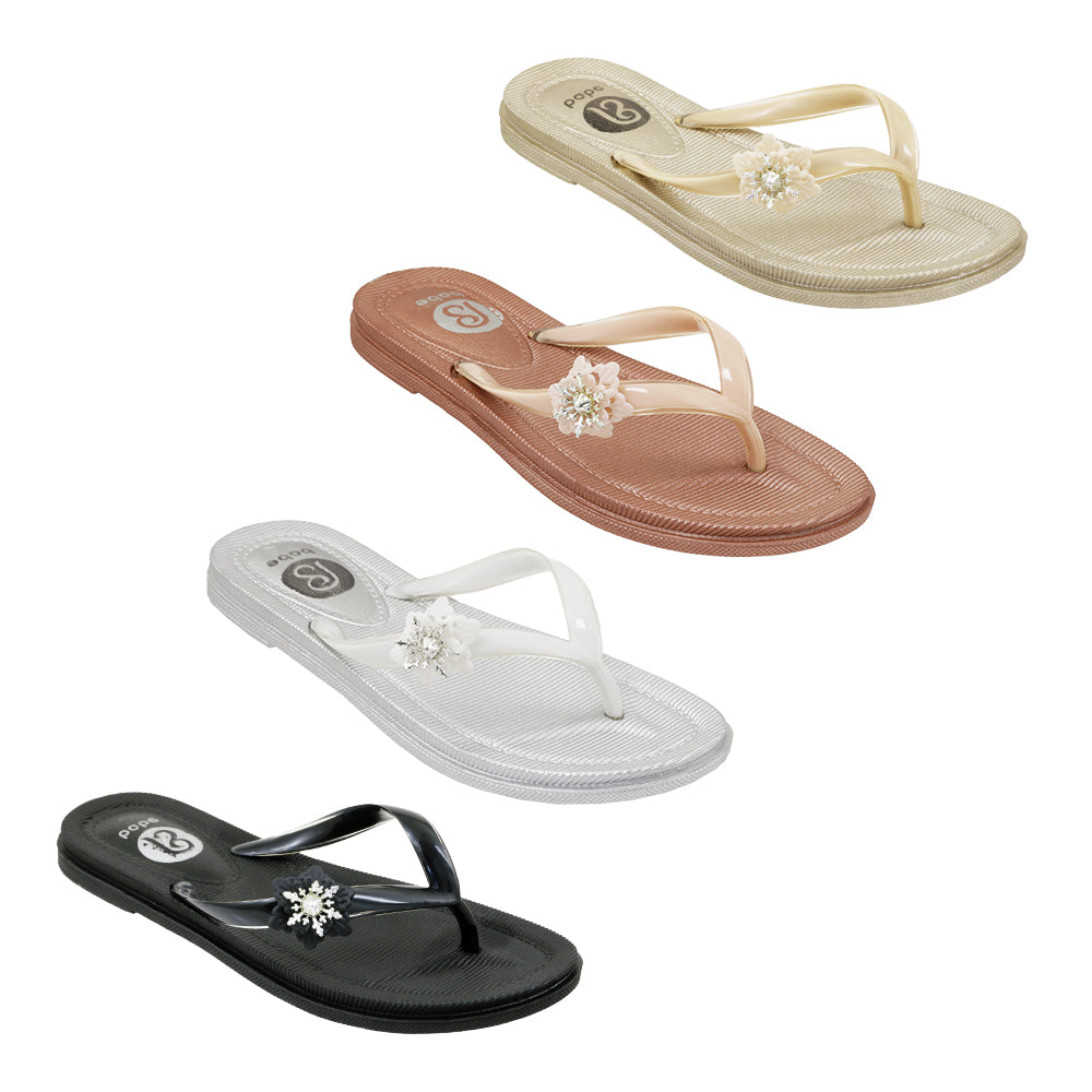 Women's Fashion FLIP Flop Thong Sandals w/ Embroidered Flower & Pearl Embellishment