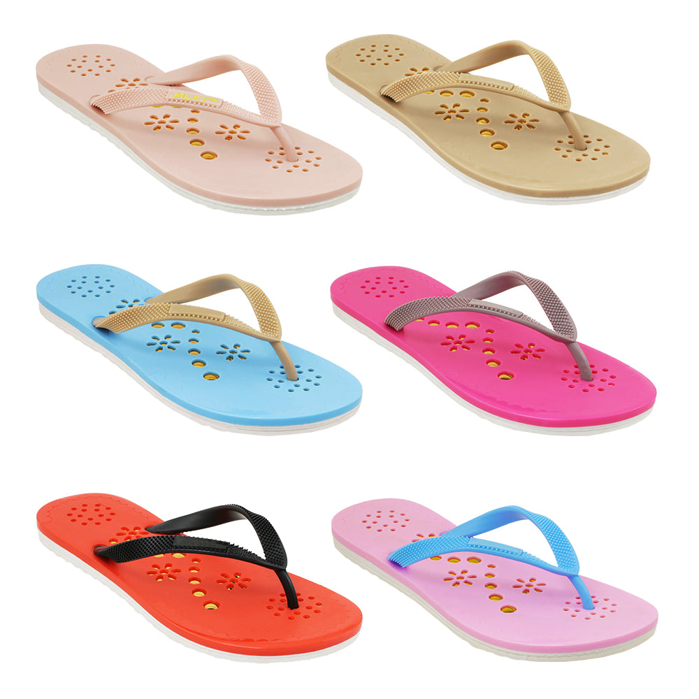 Women's FLIP Flop Thong Sandals w/  Embroidered Floral Cut-Out Footbed