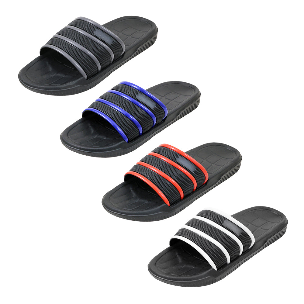 Men's Athletic Striped Barbados Slide Sandals w/ Textured Patterns & Soft Ribbed Footbed
