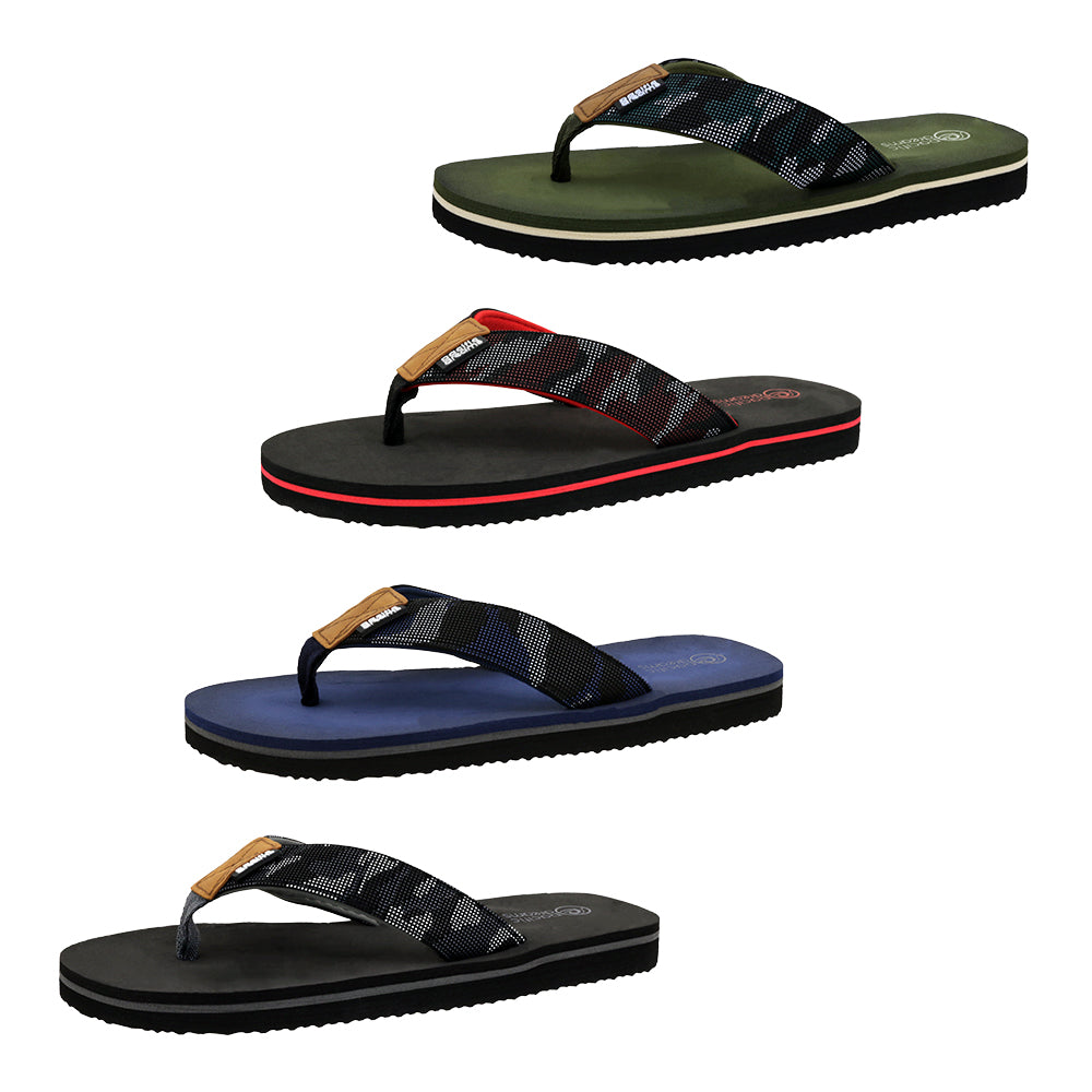 Men's Fashion Wedge FLIP Flop Sandals w/ Camo Printed Straps & Patch Embellishment