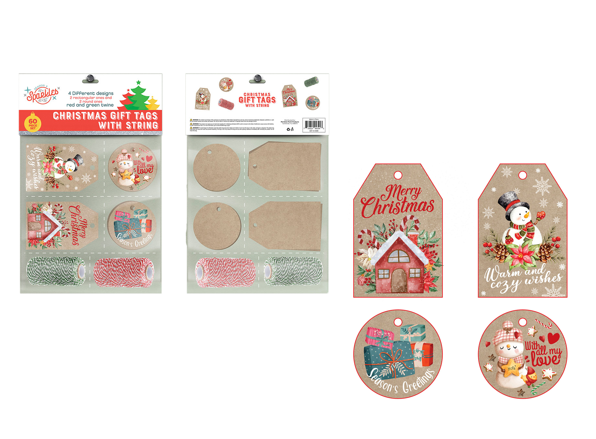 60-Piece CHRISTMAS Printed Gift Tags w/ Holiday Twine