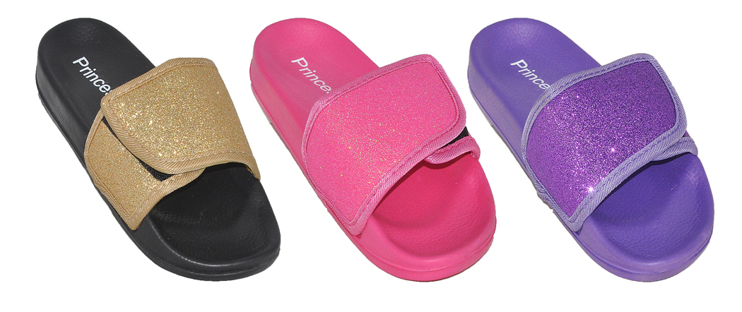 Girl's Velcro Strap Slide Sandals w/ GLITTER Details - Assorted Colors