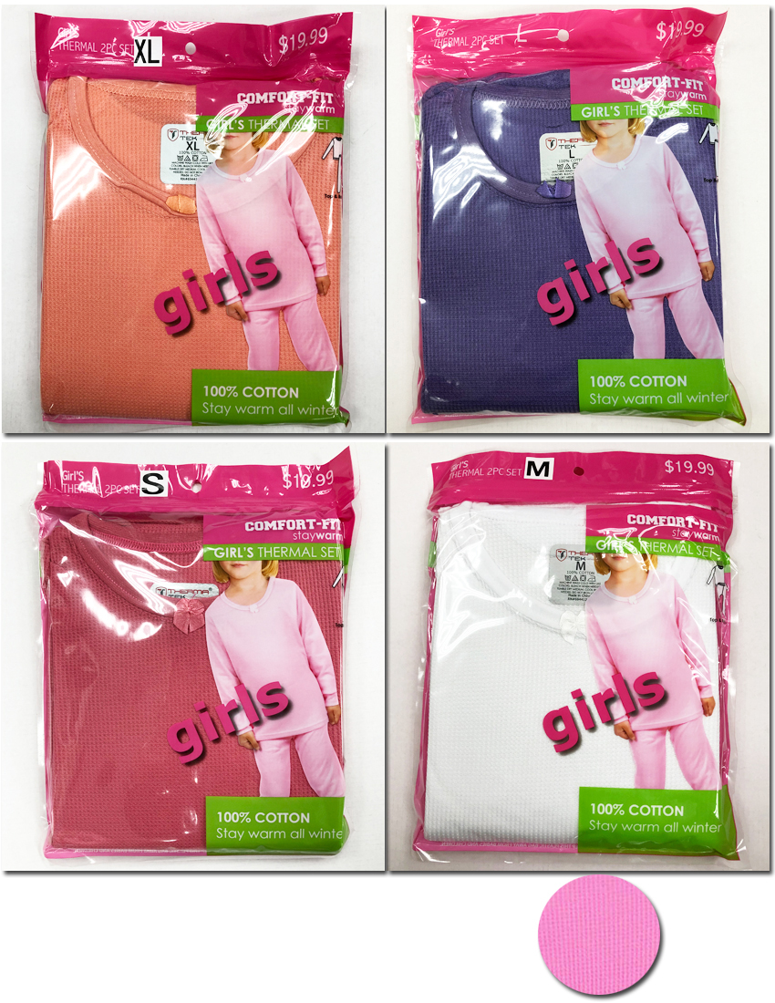 Girl's Thermal UNDERWEAR Sets - Solid Colors - Sizes Small-XL