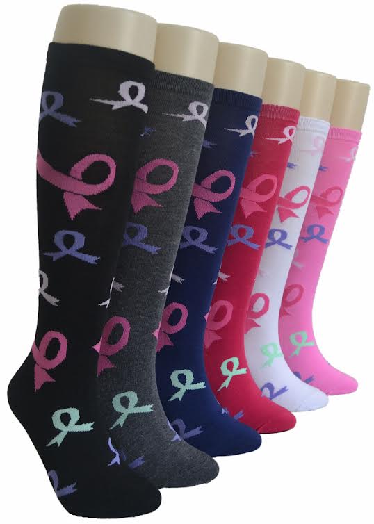 Women's Novelty Knee High Socks - Two Tone Breast Cancer Awareness Print - Size 9-11