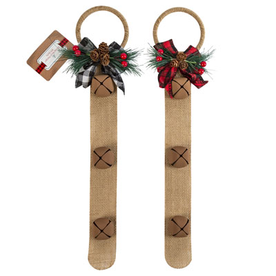 Bell DOOR Hanger 17in Christmas 2ast Burlap W/buffalo Check Bow & Greenery/3 Bells/xmas Ht