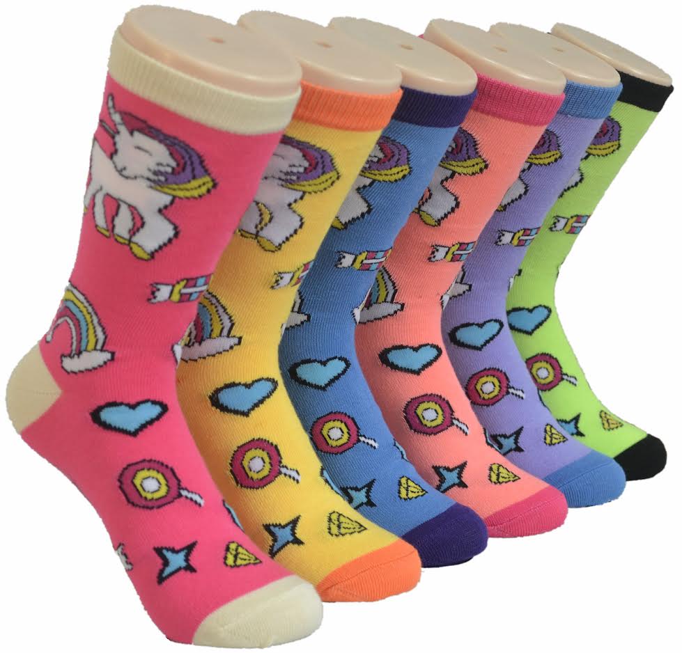 ''Women's Novelty Crew Socks - Lollipop, Pony, & Rainbow Print - Size 9-11''