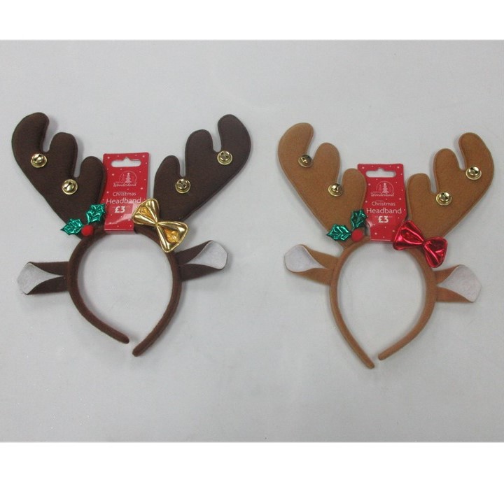 HEADBAND Reindeer Antlers 2ast W/bells And Bow Xmas Barbell