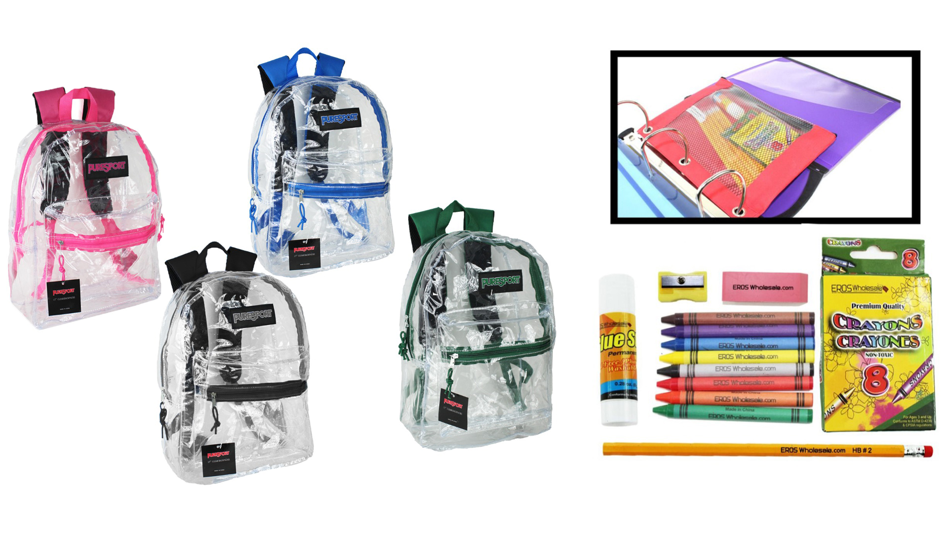 ''17'''' Classic Clear PureSport BACKPACK & Elementary School Supply Kit Sets''