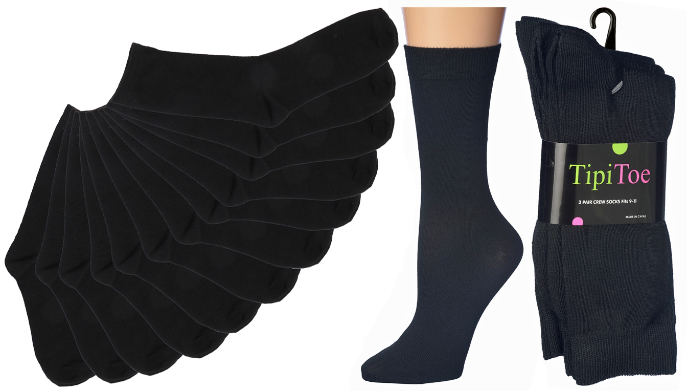 Women's Black Casual Crew Socks - Size 9-11 - 3-Pair Packs