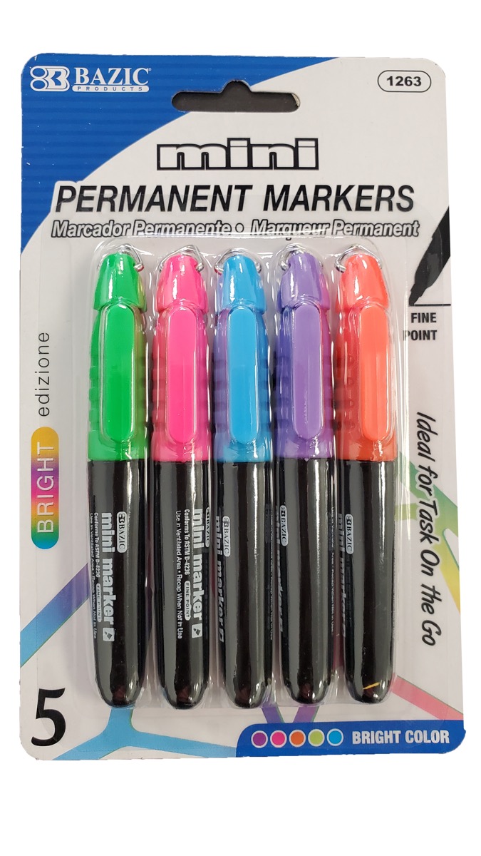 Fancy Colors Mini Fine Point Permanent Marker w/ Cap Clip (5/Pack)