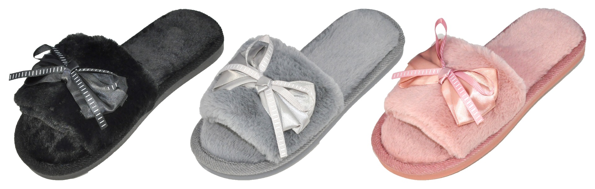 Women's Faux Fur Slide Bedroom SLIPPERS w/ Embroidered Ribbon Bow