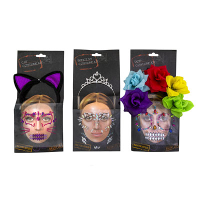 COSTUME Kit 2pc W/headband & Face Gems 3ast Day Of The Dead/princess/cat 10pc Dod & Cat/4pc Princess