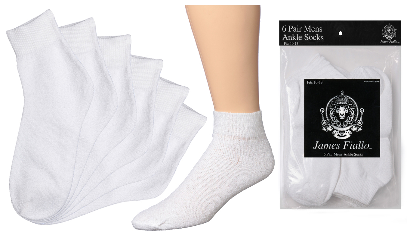 Men's White Athletic Ankle Socks - Size 10-13 - 6-Pair Packs