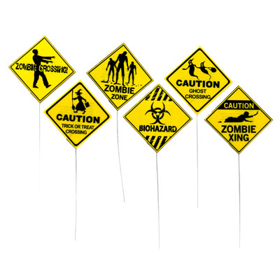 Halloween Yellow Warning Yard SIGN Corrugated Plastic 6ast 12x12 Face/28in L Peggable Pb/upc Lab