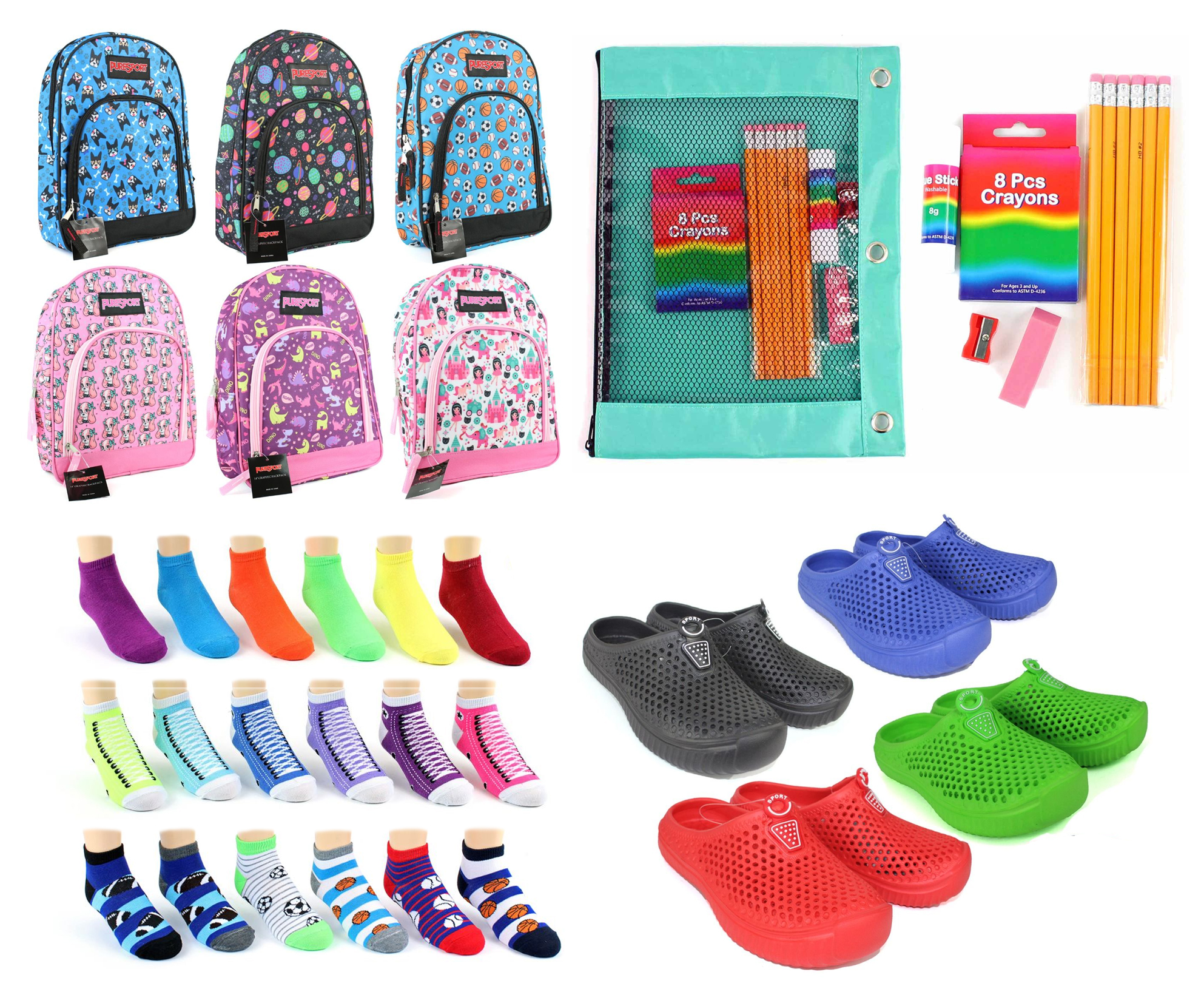 ''Elementary School Back-to-School Bundle - 288 Items - 14'''' Graphic Backpacks, Supply Kits, CLOGS, &