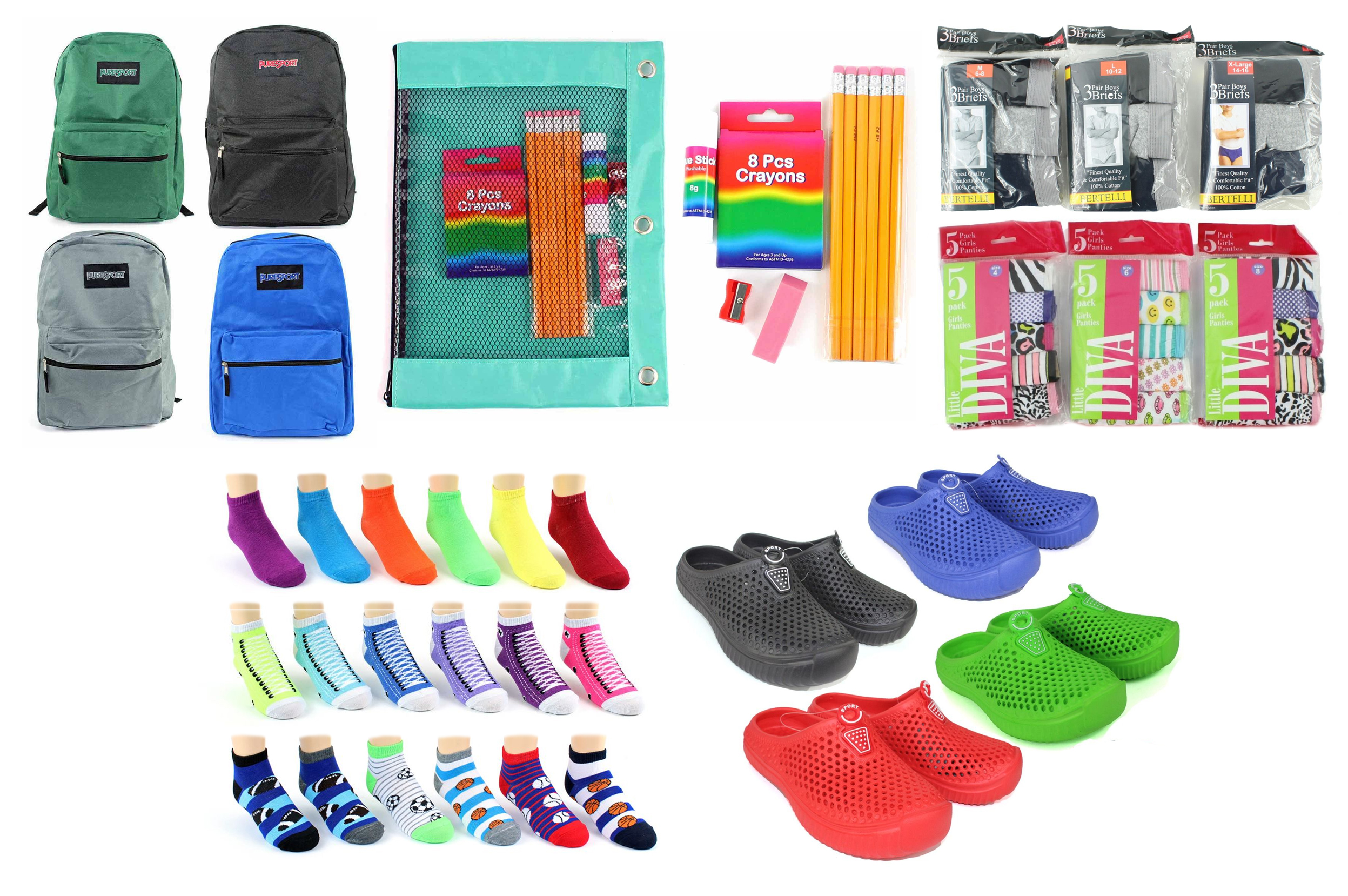 ''Elementary School Back-to-School Bundle - 360 Items - 15'''' Classic Backpacks, Supply Kits, CLOGS, U