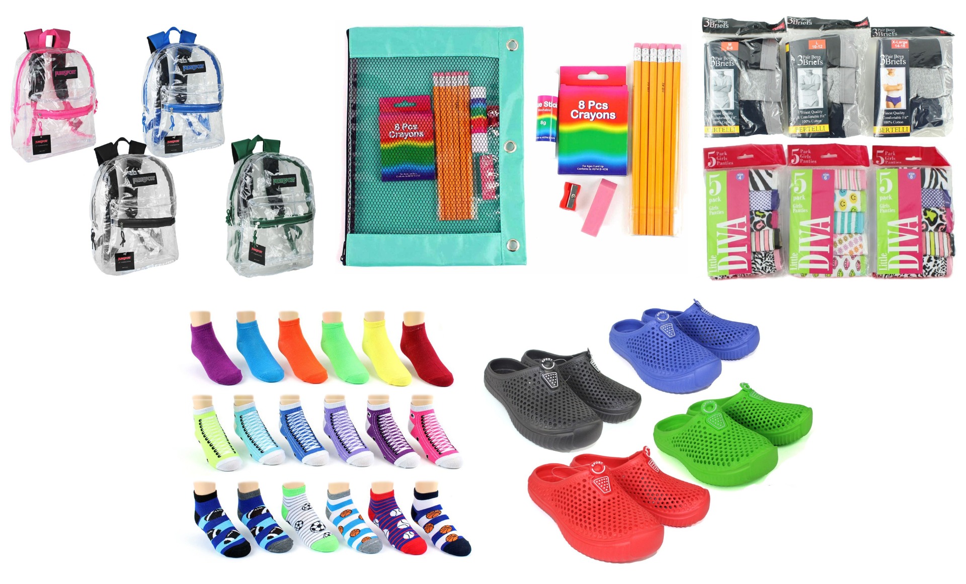 ''Elementary School Back-to-School Bundle - 360 Items - 17'''' Clear Backpacks, Supply Kits, CLOGS, Und