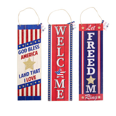 Wall Plaque Mdf Patriotic 3ast W/glitter Vertical 5.9x19inht/mdf Comply Label