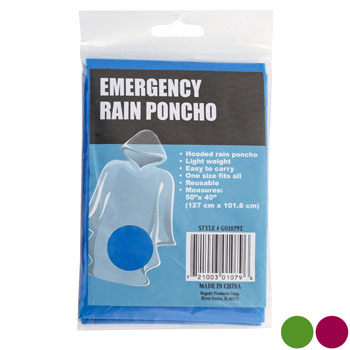 Rain PONCHO W/hood Pe 40 X 50in 3ast Colors Opp Bag Prtd Insert