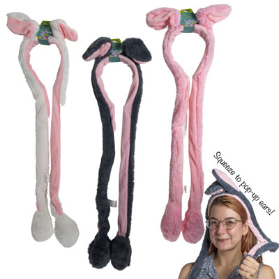 HEADBAND Bunny Ear W/long Pump Up Ear Motion 24in Plush 3ast Pink/white/grey Easter Barbell