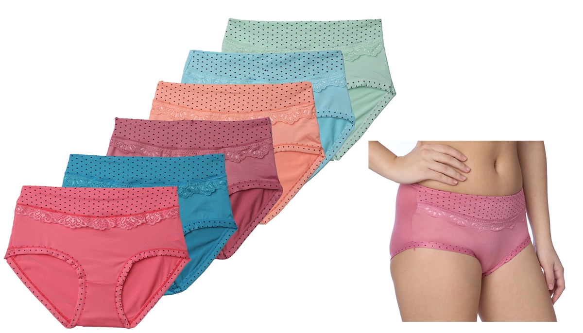 Women's Microfiber BRIEF Cut Panties - Dot Print w/ Lace Trim - Sizes 5-7