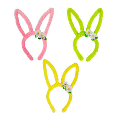 Bunny Ear Headband Plush Outline 3ast Colors W/FLOWERS/barbellhdr