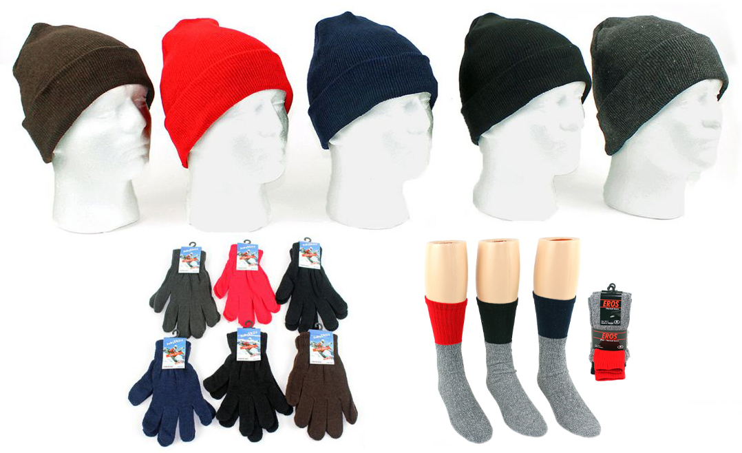 ''Adult Cuffed Winter Knit Hats, Adult Magic GLOVES, and Men's Thermal Crew Socks''