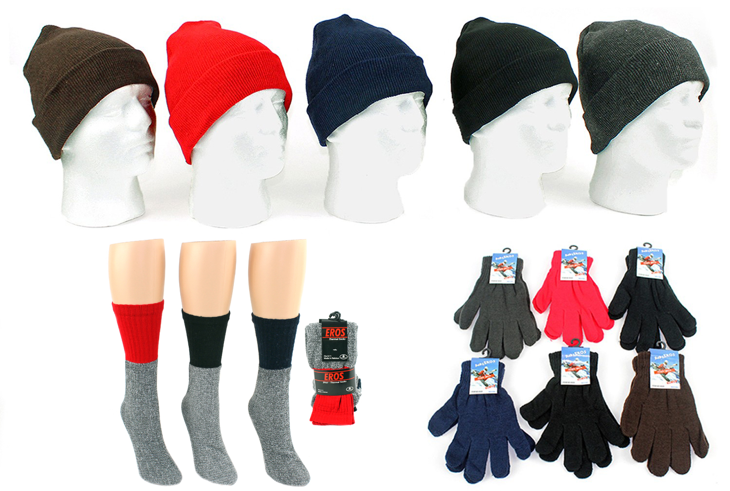''Adult Cuffed Winter Knit HATs, Adult Magic Gloves, & Women's Thermal Socks''
