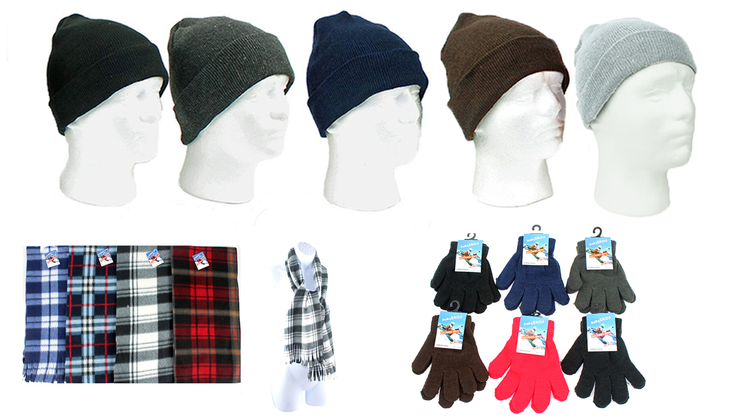 ''Adult Cuffed Winter Knit HATs, Adult Magic Gloves, and Adult Checkered Fleece Scarves''