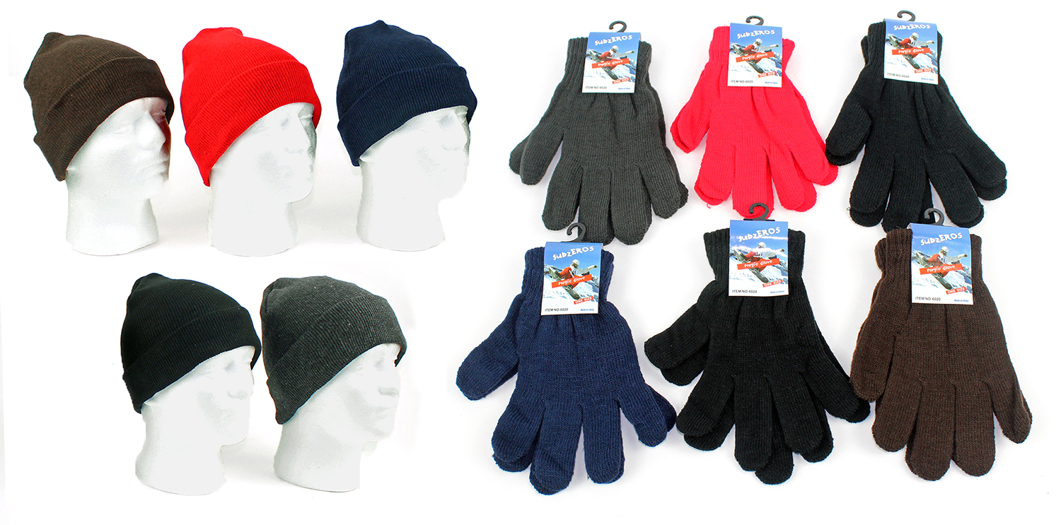Adult Cuffed Winter Knit Hats and Adult Magic GLOVES Combo Case