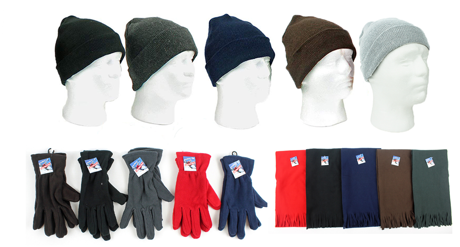 ''Adult Cuffed Winter Knit HATs, Women's Fleece Gloves, and Adult Fleece Scarves''